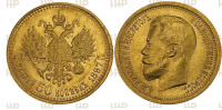 7 рублей 50 копеек 1897 г. (АГ), плоский чекан, широкий кант, рельефный портрет, золото. в слабе ННР AU 58. 