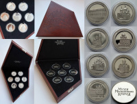 Музеи Московского Кремля. Набор из 7 медалей с главными достопримечательностями Московского Кремля в коробке в форме периметра стен Кремля с рельефным изображением территории Кремля на крышке, 2016 г.