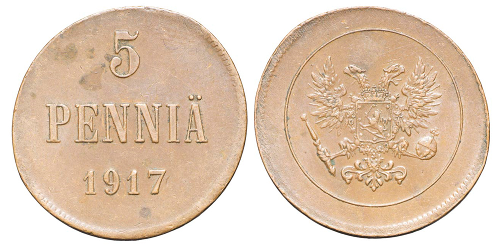 Финляндия, Временное правительство, 5 пенни 1917 г., орел без корон, производственный монетный брак-повторная вырубка монетного кружка («чечевица»), медь (архив)