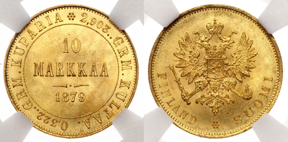 Финляндия, 10 марок 1879 S, золото, в слабе NGC MS65.