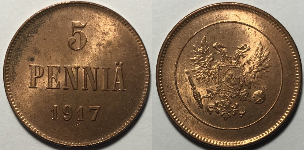 Финляндия, Временное правительство, 5 пенни 1917 г., орел без корон, медь