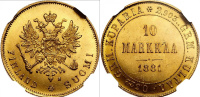 Великое княжество Финляндское, 10 марок 1881 г. S, золото, в слабе NGC MS 62