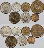 Комплект из 7-и монет: 1 копейка, 2 копейки, 3 копейки, 5 копеек, 10 копеек, 15 копеек, 20 копеек 1955 г., Федорин VI №№ 121,99,133,98,118,125,103. (архив).  