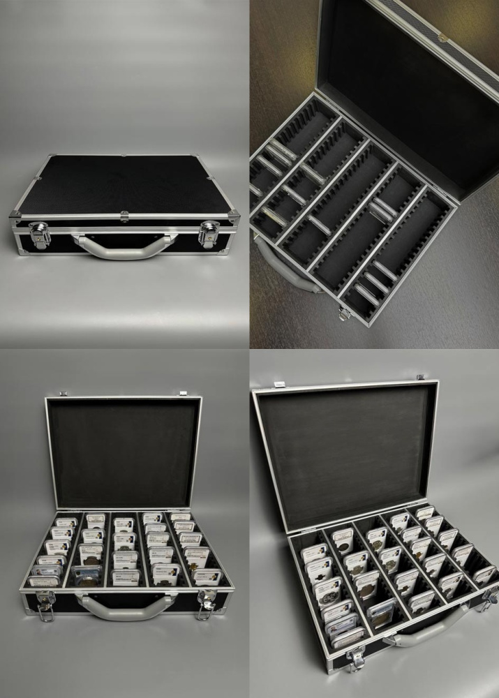 Кейс для хранения 100 коллекционных монет в слабах, АБС-пластик, алюминиевые элементы, металлические замки