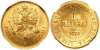 Финляндия, 10 марок 1878 S, золото, первый год чеканки, в слабе NGC MS63