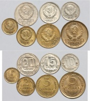 Комплект из 7-и монет 1940 г.: 1 копейка, 2 копейки, 3 копейки, 5 копеек, 10 копеек, 15 копеек, 20 копеек. (архив)