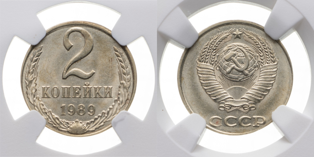2 копейки 1989, перепутка по металлу, Федорин VI № 082-ДМ (Р-4), в слабе NGC MINT ERROR MS61