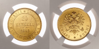Великое княжество Финляндское, 20 марок 1891 г. L, золото, в слабе NGC MS 63