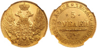 5 рублей 1842 СПБ АЧ, золото, в слабе NGC MS60