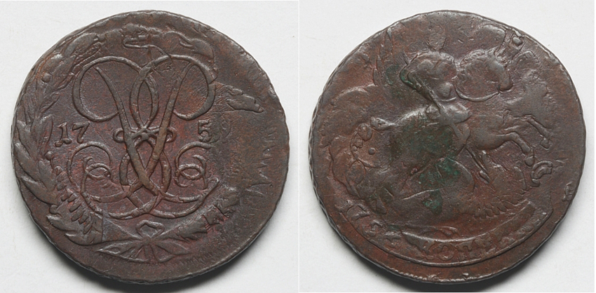 2 копейки 1759 года, Красный монетный двор, обозначение номинала под гербом, гурт сетка,перечекан с облачной копейки 1756 года (архив) 