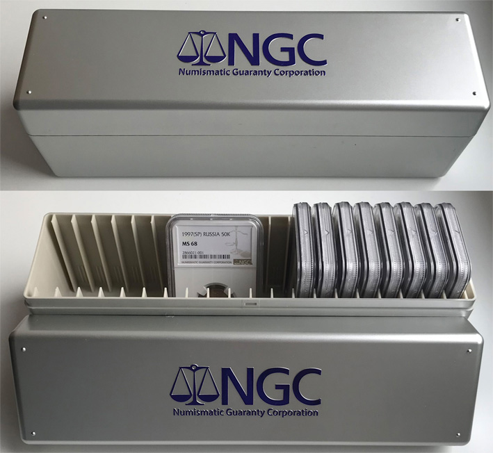  Коробка. Футляр. Бокс серебряного цвета для 20 слабов NGC (NGC Standard Coin Holder Display Box - монеты в слабах NGC). Оригинал. Официальный производитель