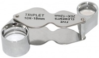 Двойная складывающаяся ювелирная лупа Triplet, 10-и (диаметр 18 мм) и 20-и (диаметр 12 мм) кратное увеличение, металлический корпус, пластиковая коробка с вкладкой для хранения.