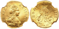 Полтина 1777, дворцовая, золото, Екатерина II, в слабе NGC AU58.
