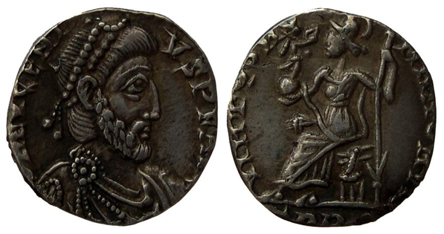 Обрезанная монета (англ.Clipped). Евгений, 392–394 годы, силиква.