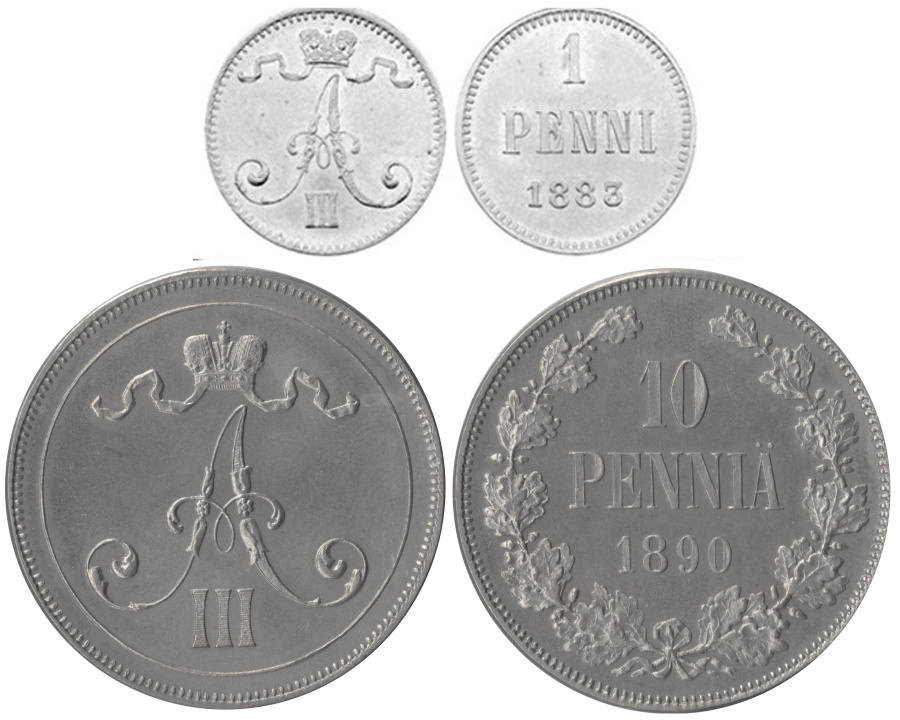 1 пенни 1883 и 10 пенни 1890, изготовленные в никеле.
