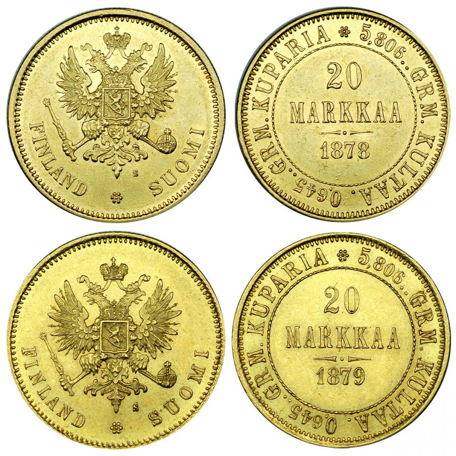 Великое княжество Финляндское, 20 марок 1878 г., 20 марок 1879 г., золото