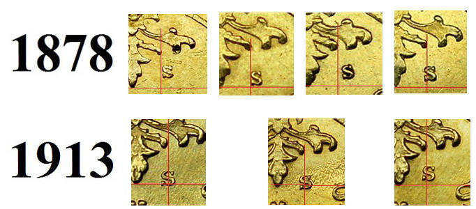 Великое княжество Финляндское, 10 марок, золото,  варианты расположения инициала.