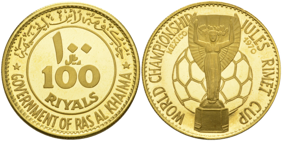 100 риалов 1970 г. Рас-аль-Хайма, Чемпионат мира по футболу 1970 г. в Мексике, золото.