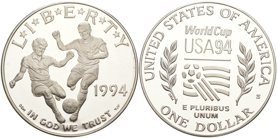 Фото № 19. 1 доллар 1994 г. США, Чемпионат мира по футболу 1994 г. в США, серебро.   