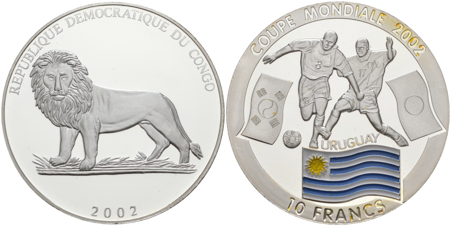 10 франков 2002 г. Демократическая республика Конго, Чемпионат мира по футболу 2002 г. в Южной Корее и Японии, серебро.