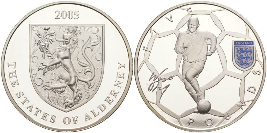  5 фунтов 2005 г. Олдерни, игроки сборной Англии - Руни, серебро.