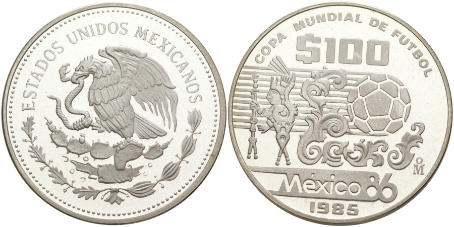 100 песо 1985 г. Мексика, Чемпионат мира по футболу 1986 г. в Мексике, серебро.