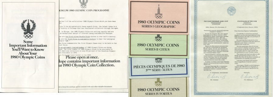 Московская Олимпиада 1980. Полный набор из 28 серебряных монет 1977-1980 гг. качества чеканки пруф в оригинальной коробке с сертификатами и документами.