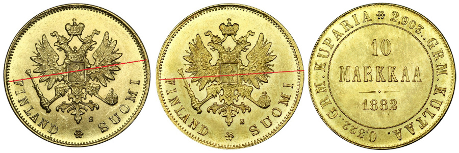 Великое княжество Финляндское, 10 марок 1882 г., золото, с различным положением легенды