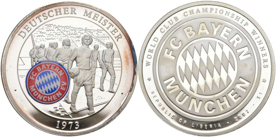 1 доллар 2002 г. Либерия, футбольный клуб "Бавария" (Мюнхен) 1973 г., серебро.
