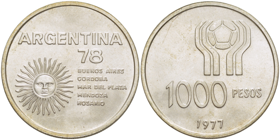 1000 песо 1977 г. Аргентина, Чемпионат мира  по футболу 1978 г. в Аргентине, серебро.