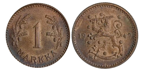 1 марка 1949 года, отчеканенная в меди.