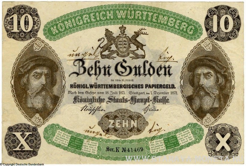Банкнота - K&#246;nigl. W&#252;rttembergisches Papiergeld. 10 Gulden. 1. Dezember 1871. A534 WTB1 P:S8445 10 гульденов 1871 (аверс)