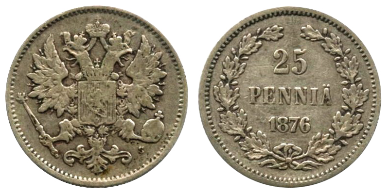 Великое княжество Финляндское, 25 пенни 1876 г.S, серебро.