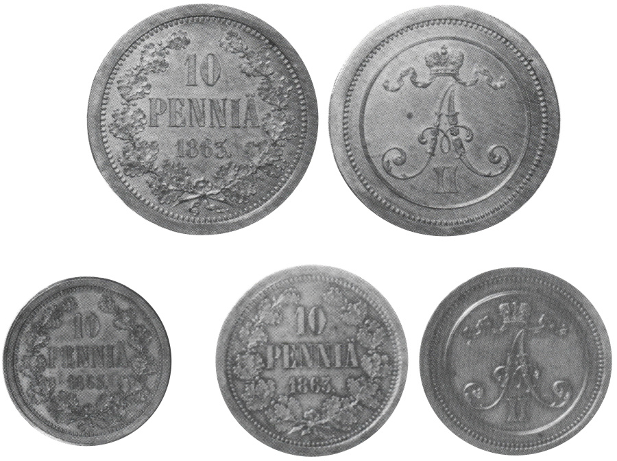 Изображения пробных монет 10 пенни 1863 г. из каталога Э. Борга