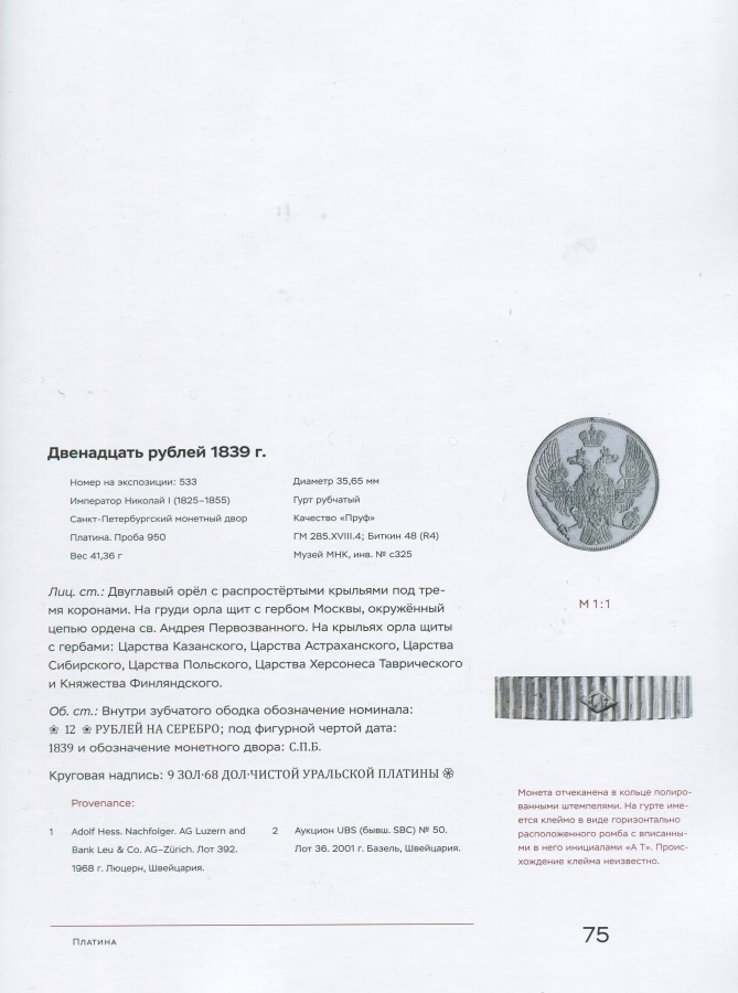 "Золотые монеты в истории династии Романовых. Платина". Каталог выставки платиновых монет России 1828-1845 гг. в Международном нумизматическом клубе" (Коллекция В. Алекперова, музеев Московского Кремля, Государственного Исторического музея, частные коллекции).