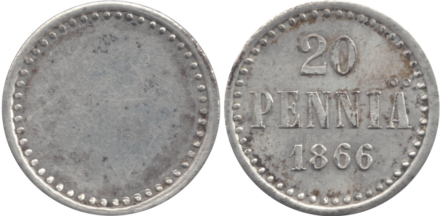 Великое княжество Финляндское, 20 пенни 1866 г., серебро, пробные.