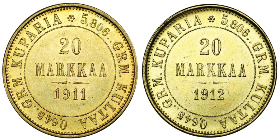 Великое княжество Финляндское, . Реверсы монет 20 марок 1911 и 1912 годов, золото