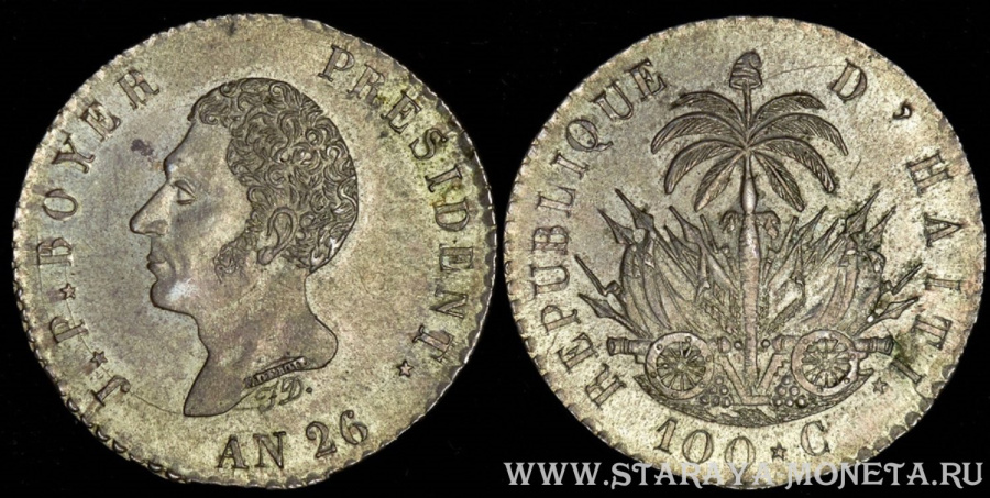 100 сантим (гурд) 1829 года (26 год Независимости) с профилем президента Жана-Пьера Буайе (Jean-Pierre Boyer), Гаити.