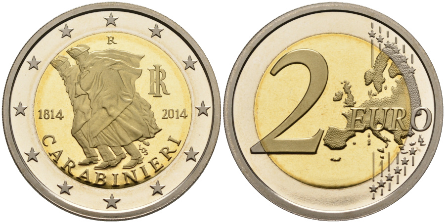 2 евро 2014 г. Италия 200-летие Корпуса карабинеров, биметалл.