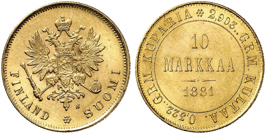 Великое княжество Финляндское, 10 марок 1881 г., золото.