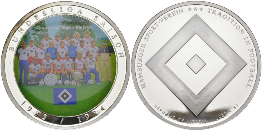 Фото № 50. 1 доллар 2002 г. Либерия, футбольный клуб "Гамбург" - победитель Бундеслиги сезона 1983/84 гг., серебро.