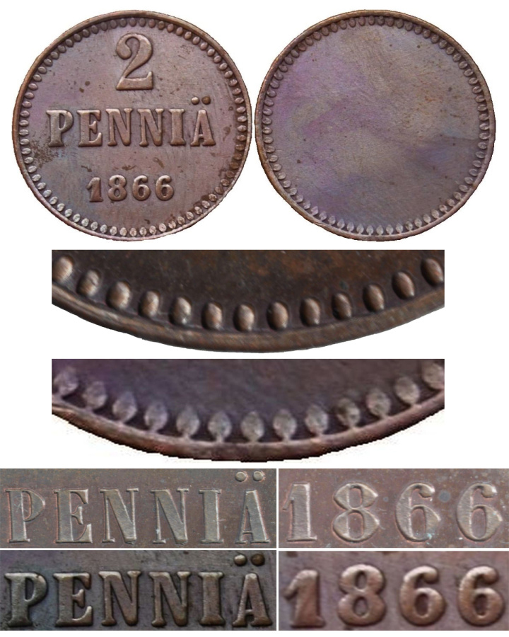 Великое княжество Финляндское, 2 пенни 1866 г., пробные, подделка.