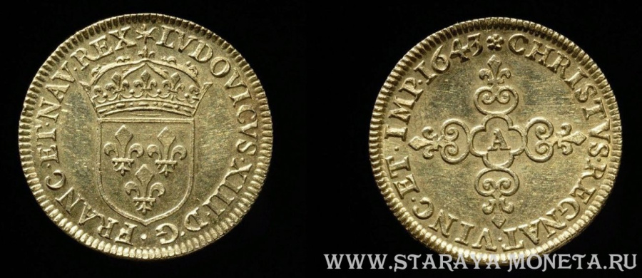 Пьефор - золотой экю, Людовик XIII, Франция, 1643 года