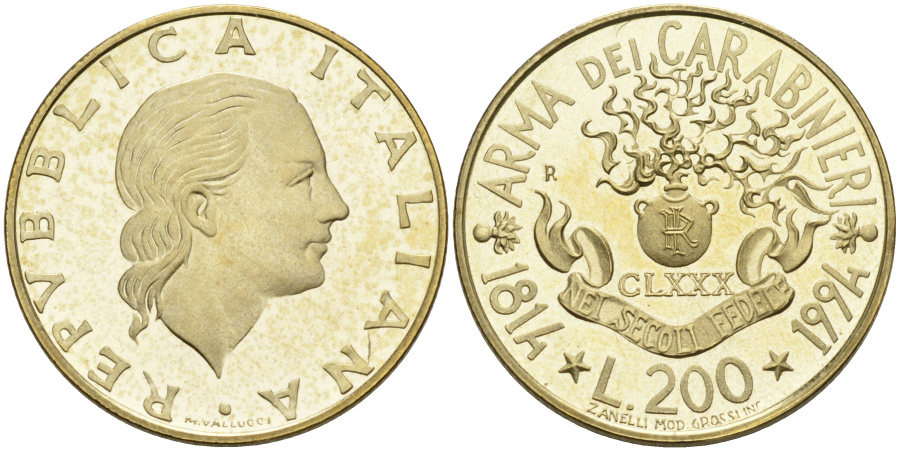 200 лир 1994 г. Италия, 180-летие Корпуса карабинеров.