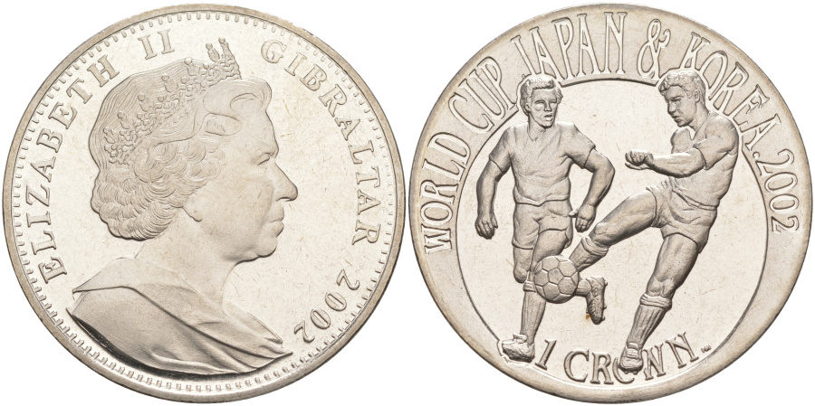 1 крона 2002 г. Гибралтар, Чемпионат мира по футболу 2002 г. в Южной Корее и Японии, медно-никелевый сплав.