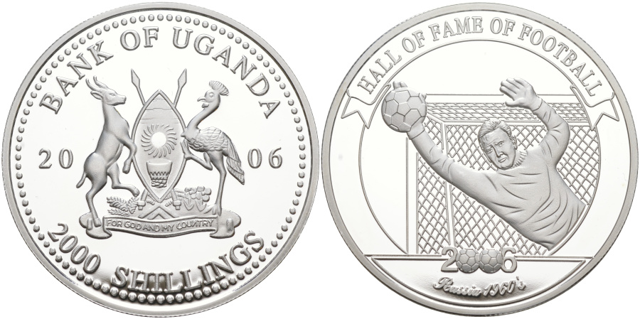 2000 шиллингов 2006 г. Уганда, "Зал славы футбола" - Лев Яшин, серебро.
