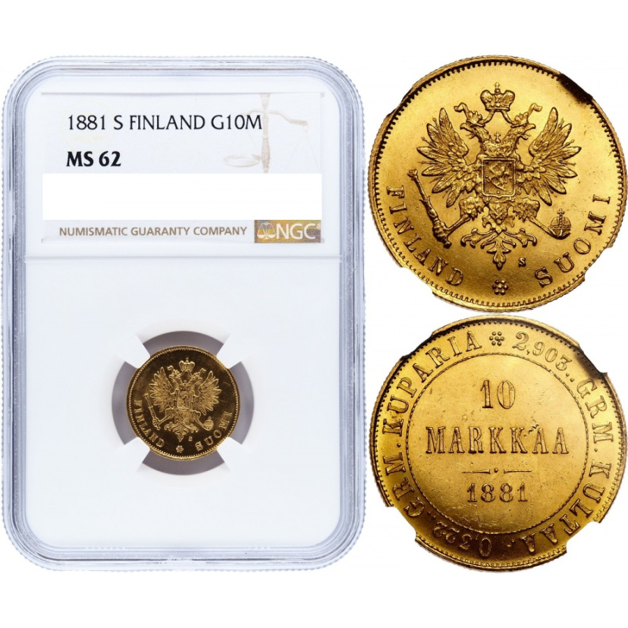 Великое княжество Финляндское, 10 марок 1881 г. S, золото, в слабе NGC MS 62