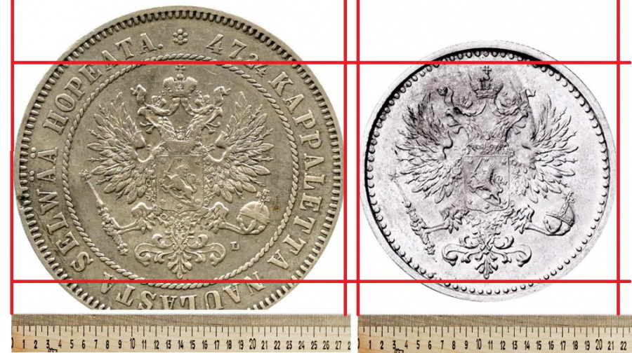 Габаритные сравнения орлов на монетах 2 марки образца 1874–1908 гг. и 75 пенни 1863 г. (шкала дана в миллиметрах)