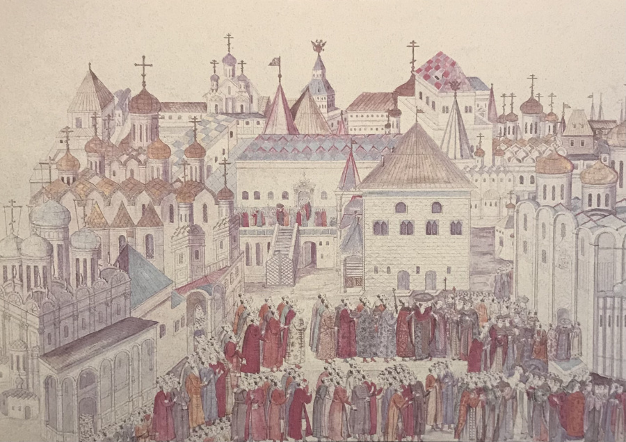 На рисунке начала XVII столетия между Архангельским и Благовещенским соборами хорошо видна белокаменная постройка конца XV века - Казенный двор.