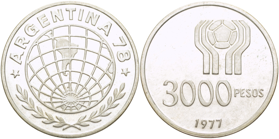 3000 песо 1977 г. Аргентина, Чемпионат мира  по футболу 1978 г. в Аргентине, серебро.